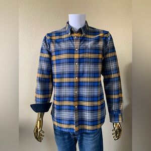 Barbour Mens Flannel Shirt Size M Navy Blue Yellow Plaid Long Sleeve Tailored